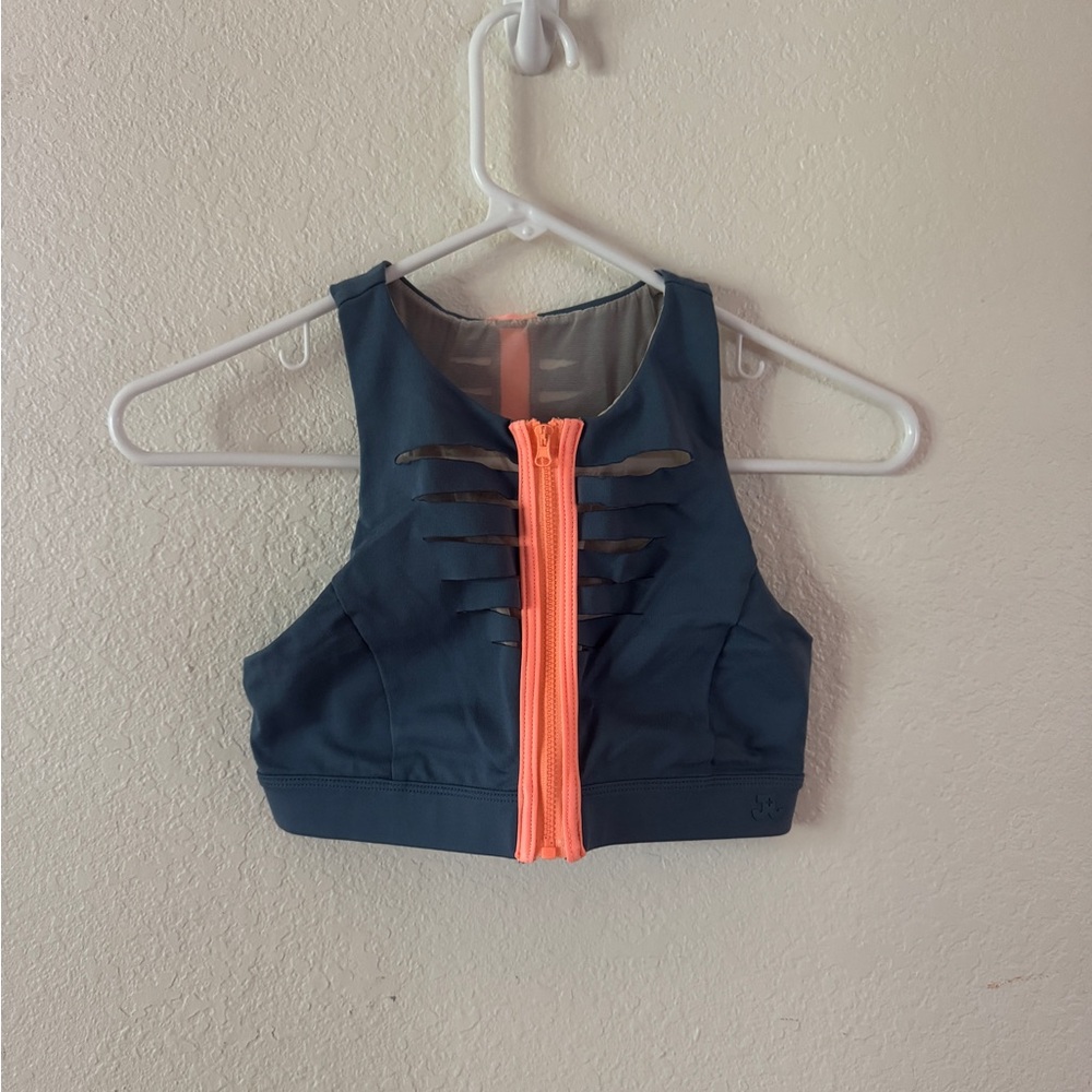 Blue and Coral Zip Front Sports Bra